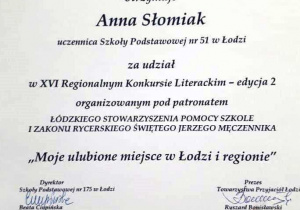 wyróżnienie - Anna Słomiak, kl. VII a